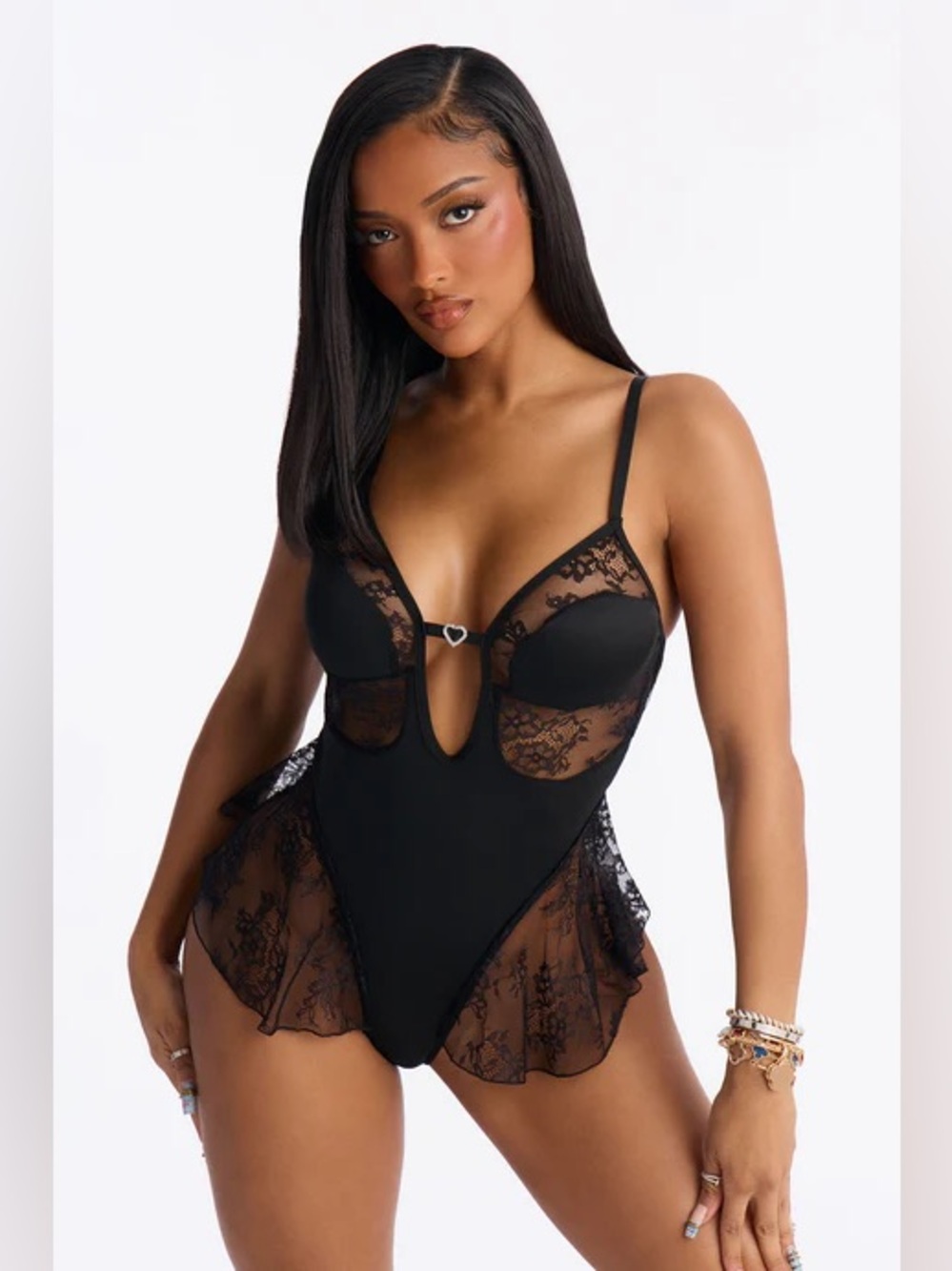 💲 NWT Black Lace Deep V Ruffle Teddy